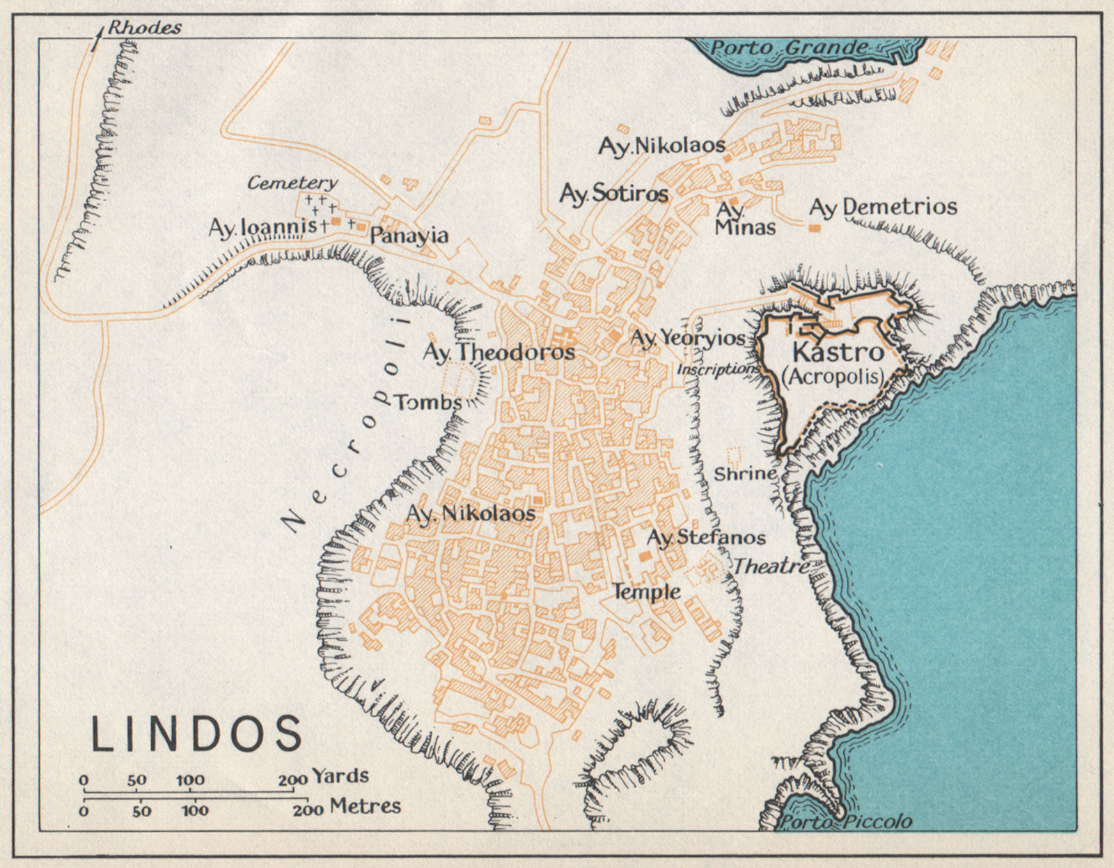 LINDOS vintage town city map plan. Rhodes, Dodecanese, Greece 1967 old